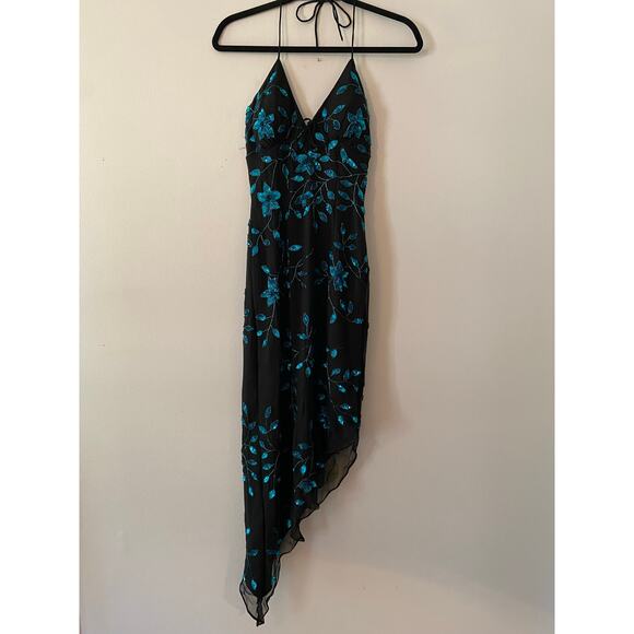 Cache Y2K Black Blue 100% Silk Beaded Floral Halter Midi Dress Women's size XS - Picture 1 of 12